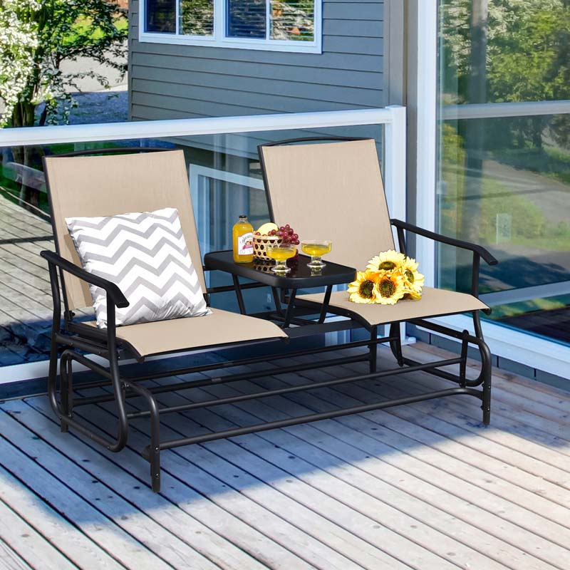 2-Person Outdoor Bench Glider Chair With Center Table, Mesh Fabric, 57 x 28 x 38 in