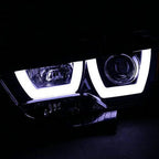 DRL LED Light Bar Projector Headlights, 1 Pair, Gloss Black Housing, Smoke Lens - 2011-2014 Dodge Charger