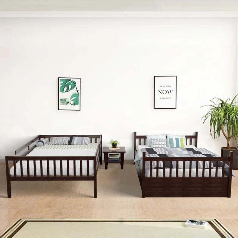 Full Over Full Convertible Bunk Bed Frame With Trundle, Ladder And Guardrails