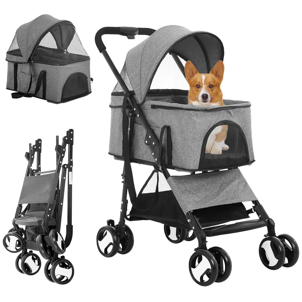 Dkeli 3-in-1 Folding Pet Stroller With Detachable Carrier And Car Seat, 44 Lbs