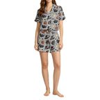 MEZZALL Women Halloween Printed Pajama With Lapel Collar Short Sleeve Tops And Shorts For Home Wear Cozy For Lightweight And Breathable Comfort Relaxed Fit 2 Piece Pjs