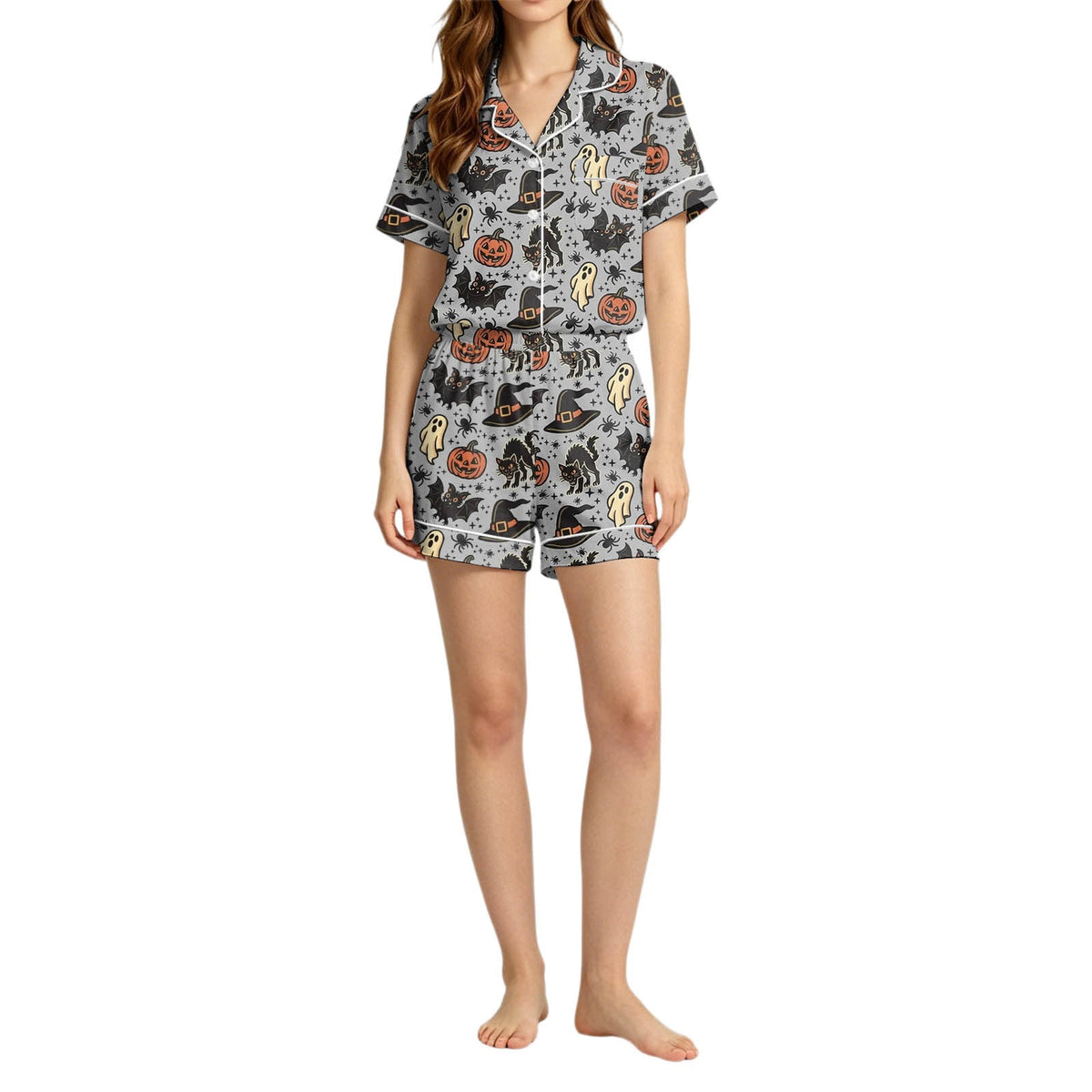 MEZZALL Women Halloween Printed Pajama With Lapel Collar Short Sleeve Tops And Shorts For Home Wear Cozy For Lightweight And Breathable Comfort Relaxed Fit 2 Piece Pjs