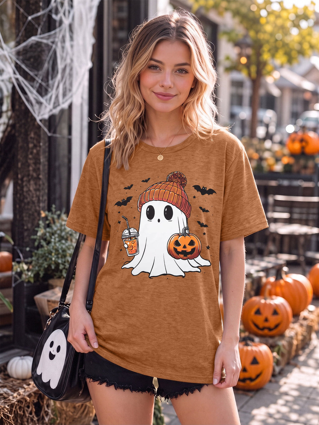 KimSoong Women Halloween T-Shirt Cute Ghost Fall Pumpkin Graphic Shirt Coffee Lover Tees Short Sleeve Tops