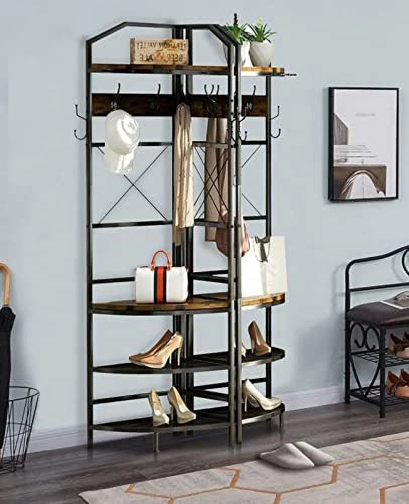MQLIFEBOOM 3-in-1 Corner Entryway Hall Tree With Bench, Shoe Rack And Coat Rack, Rustic Brown/Black, 17.72in x 17.72in x 72.05in