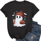 KimSoong Women Halloween T-Shirt Cute Ghost Fall Pumpkin Graphic Shirt Coffee Lover Tees Short Sleeve Tops