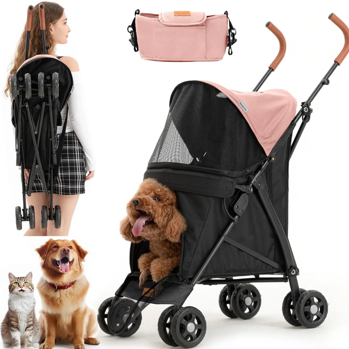 3 In 1 Folding Pet Stroller With Storage Basket And Cup Holder, Pink