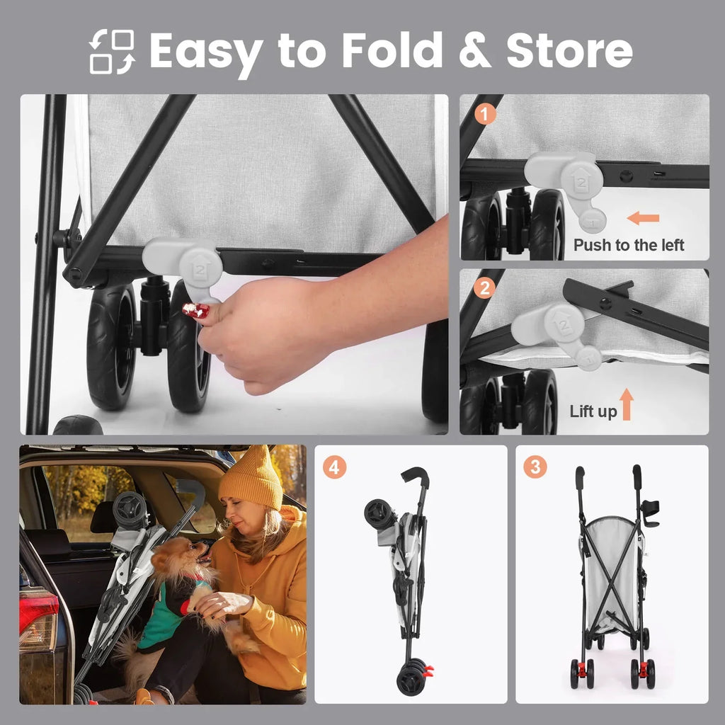 4-Wheel Foldable Cat And Dog Stroller With Storage Basket And 360 Degree Front Wheels - Gray
