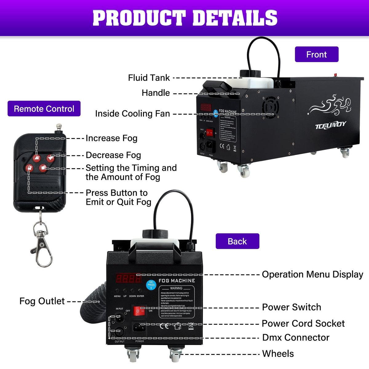 TCFUNDY 1500W Low Lying Fog Machine, Dry-Ice Effect Fogger w/ Tube, Ground Smoke Machine w/ DMX & Wireless Remote Control, Ideal Atmosphere Maker for Halloween, Parties, Weddings and Stage