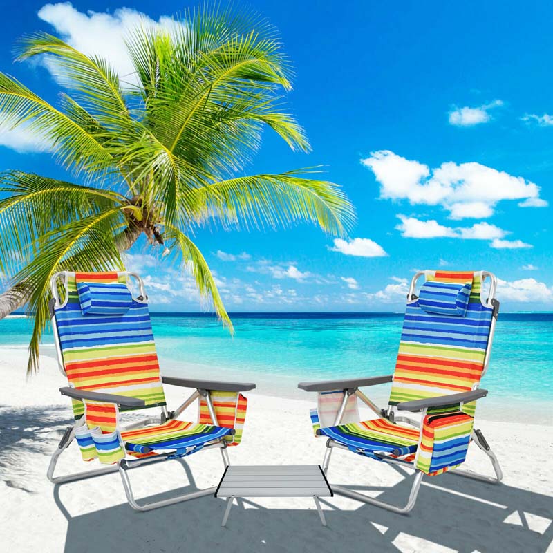 2-Pack 5-Position Outdoor Folding Backpack Beach Chairs With Side Table Set