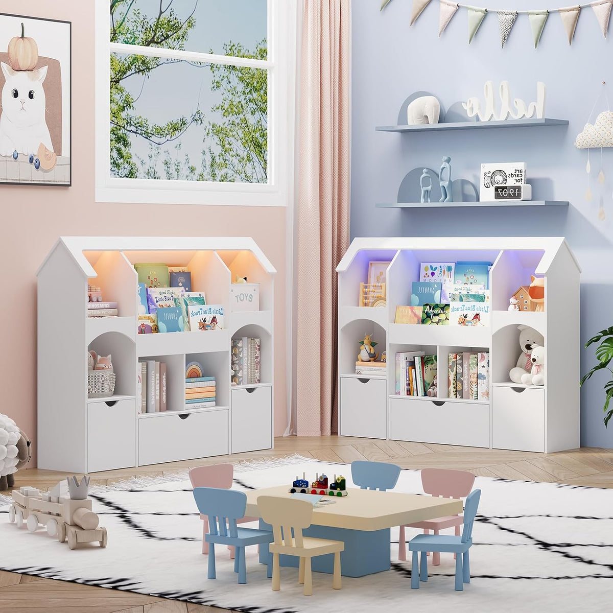 Halitaa Kids Castle Bookshelf With Toy Storage, 3 Drawers, LED Lights, White, 49.2in W x 13.1in D x 40.2in H
