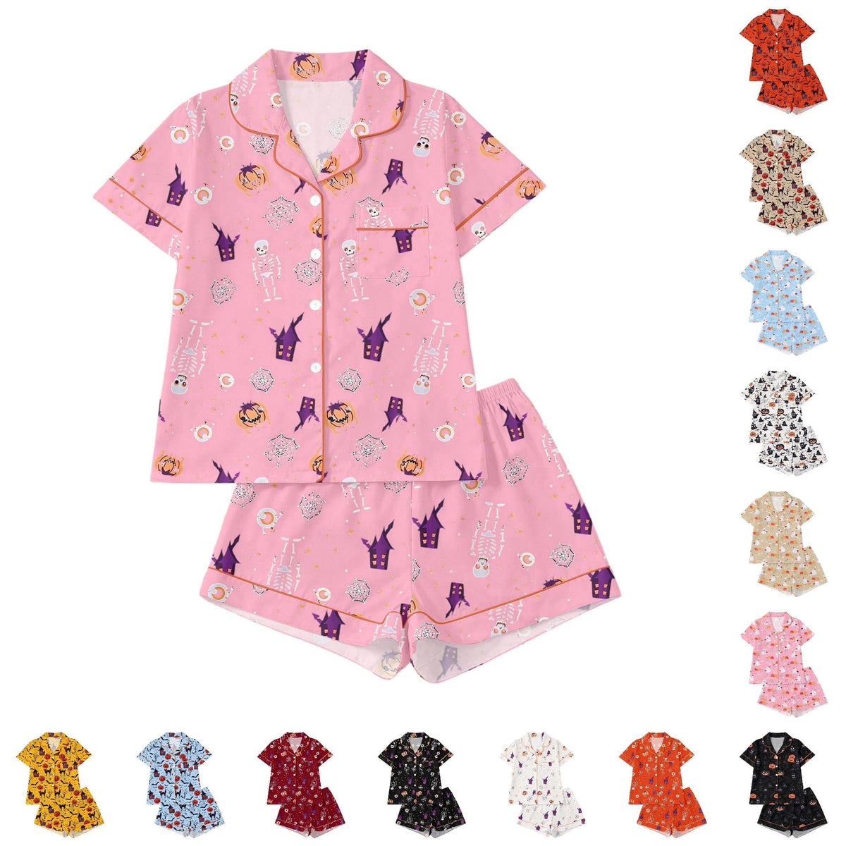 CUZIBR Girls Halloween Pajamas Sets Soft Comfortable Ghost Pumpkin Lapel Button Short Sleeve Shirt Elastic Waist Shorts 2 Pieces Sleep Loungewear Relaxed Sleepwear Outfits, Orange-C