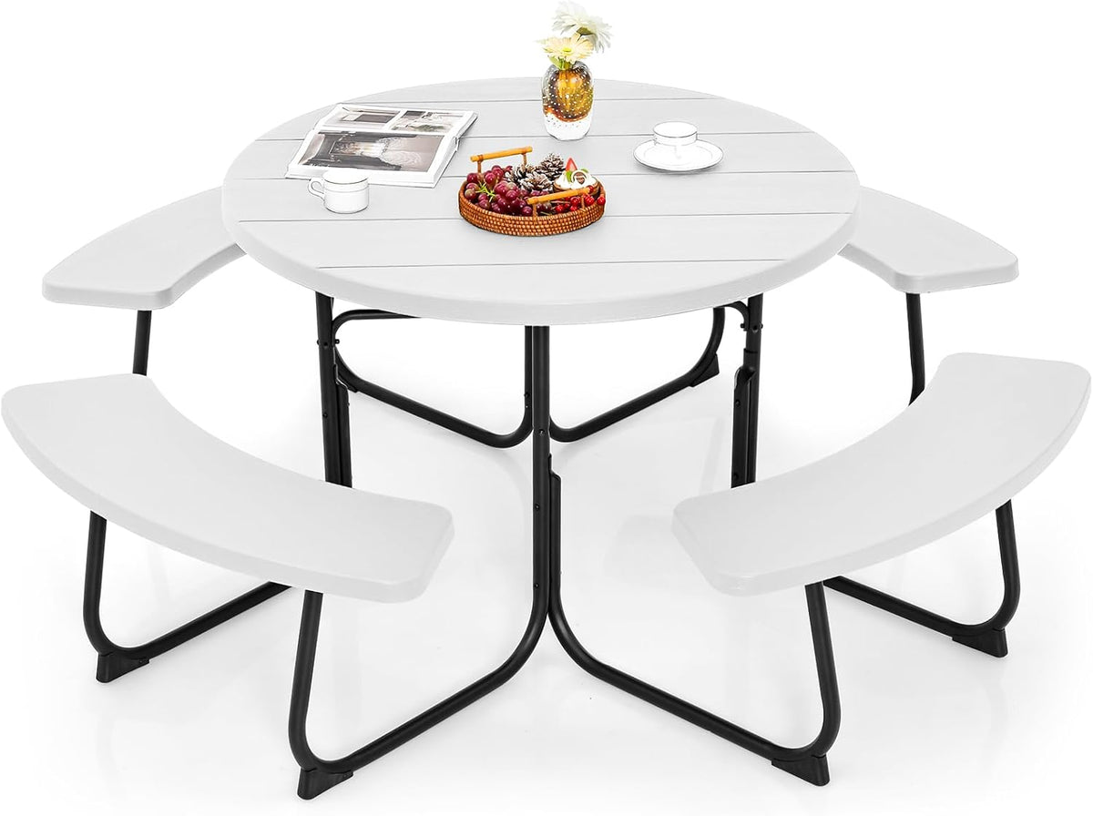 Giantex Round Outdoor Picnic Table And Bench Set, 43in, White, Up To 8 Persons