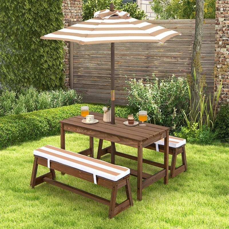 Wooden Kids Picnic Table Bench Set With Cushions And Height-Adjustable Umbrella - 35 in