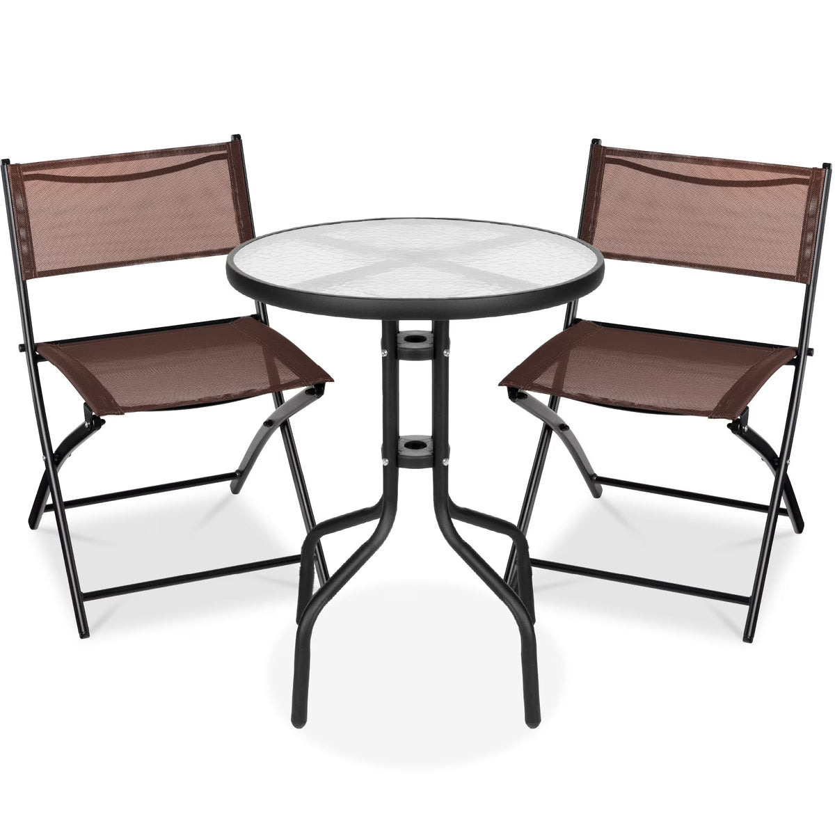 Best Choice Products 3-Piece Patio Bistro Dining Set With Glass Tabletop And Folding Chairs - Gray