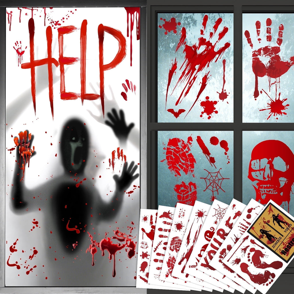 Toodour Halloween Bloody Window Clings Posters, Bloody Handprint Sticker Party Decoration for Haunted House Door Creepy School Dormitory Window