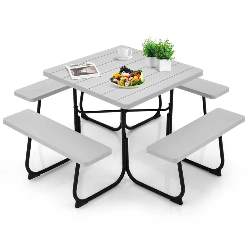 8-Person Outdoor HDPE Square Picnic Table And Bench Set, 67in x 67in x 30in, Metal Frame