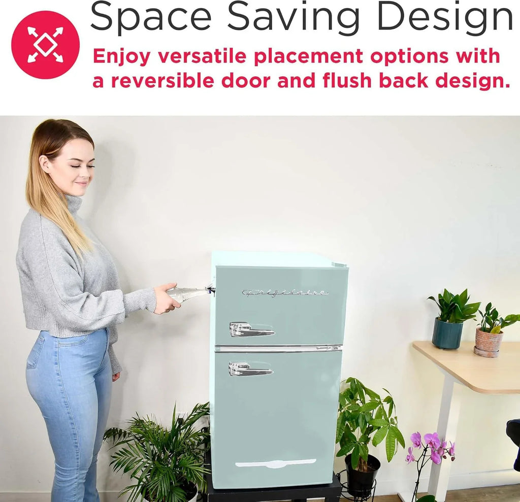Frigidaire Retro 2 Door Mini Refrigerator With Freezer And Side Bottle Opener, 3.1 Cu Ft, 19in D x 20.5in W x 33.5in H