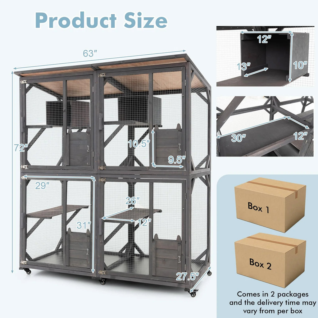 Outdoor Cat Enclosure, Grey, 63 x 27.5 x 72 in