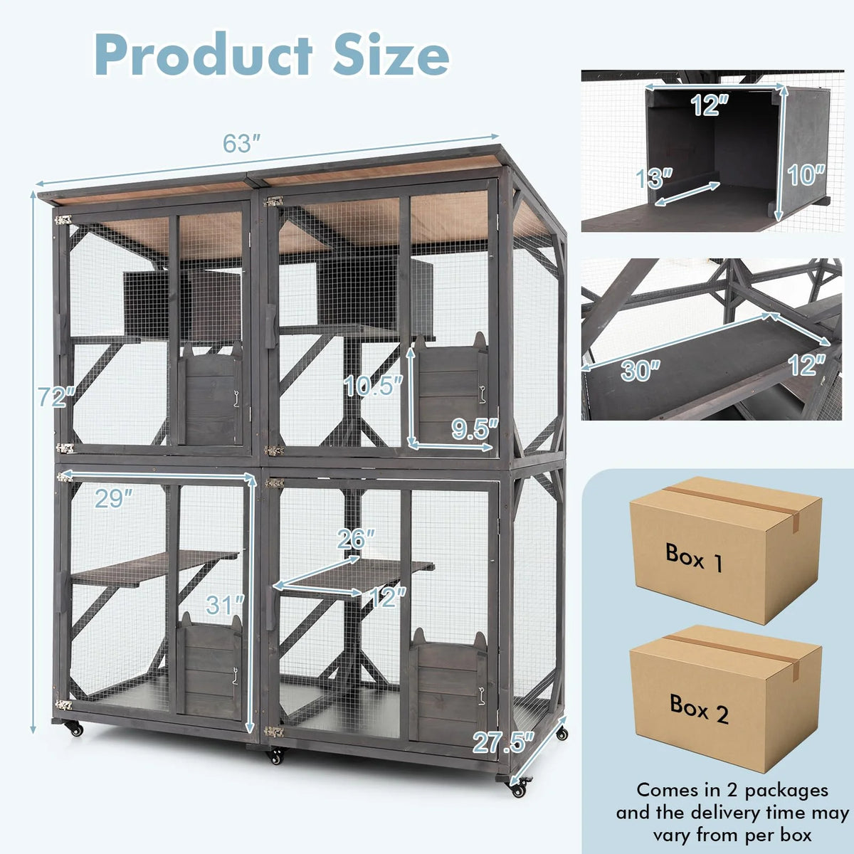 Outdoor Cat Enclosure, Grey, 63 x 27.5 x 72 in