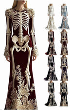 Women Skeleton Dress 3D Print Velvet Floral Long Sleeve Halloween Costumes, Skeleton Costume for Women Cosplay Party