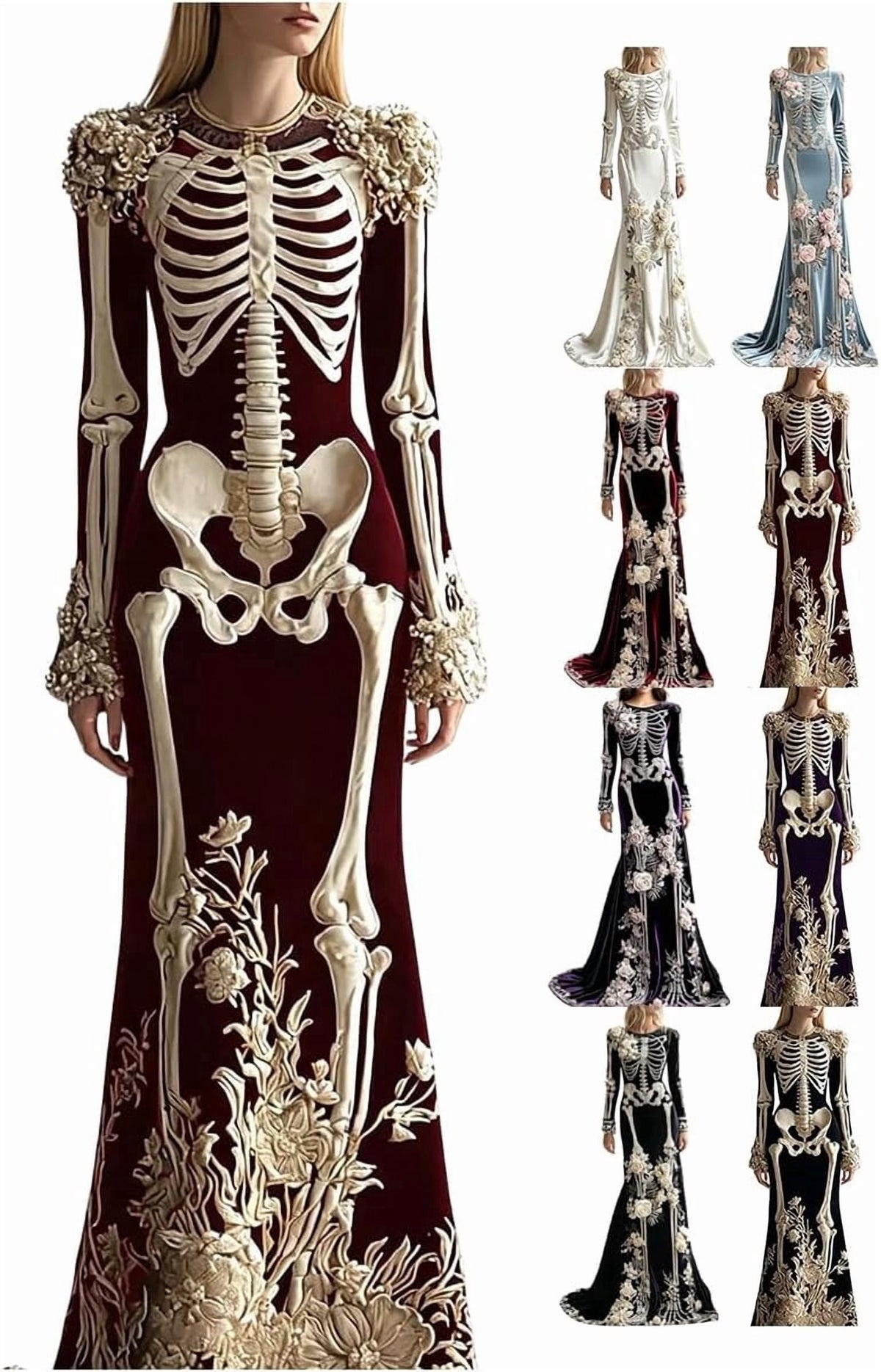 Women Skeleton Dress 3D Print Velvet Floral Long Sleeve Halloween Costumes, Skeleton Costume for Women Cosplay Party