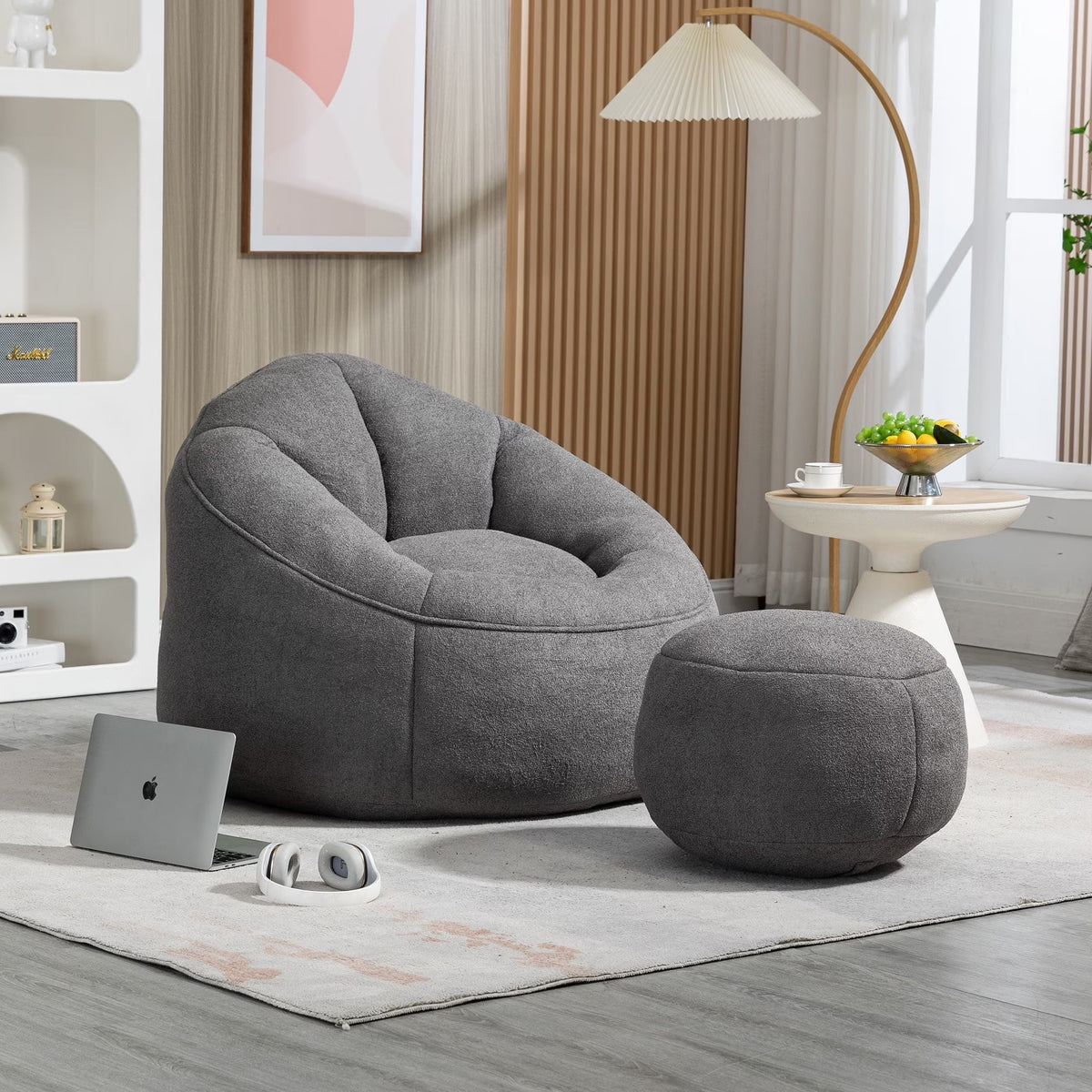 MOONMISS Microfiber Upholstered Round Bean Bag Sofa Chair With Ottoman - Gray