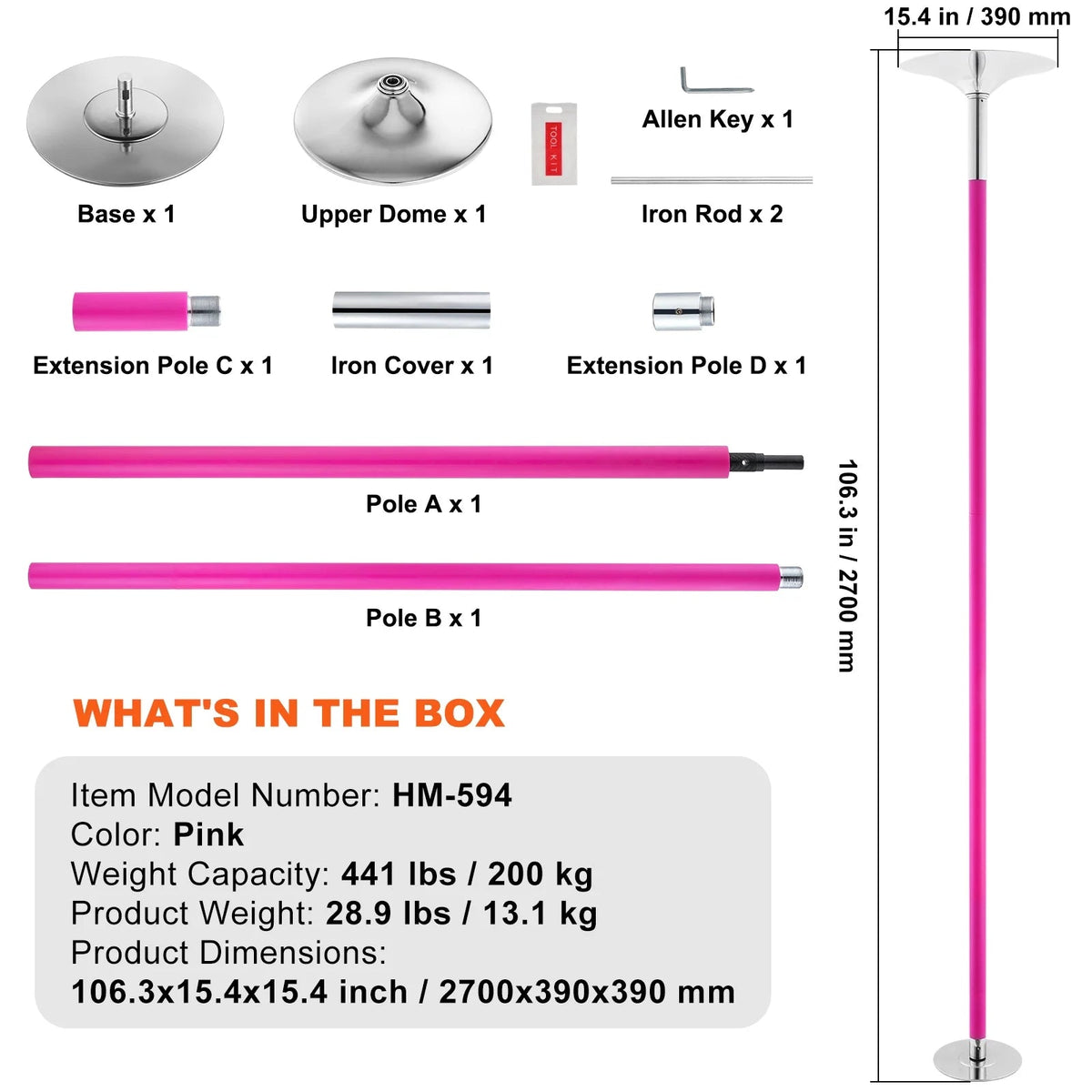 KFFKFF Dance Pole Set, 45mm Stainless Steel, Silver - HM-590S