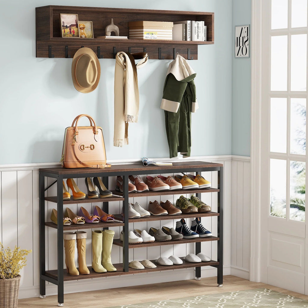 5-in-1 Entryway Hall Tree With Coat Rack, Shoe Bench, 7 Hooks, 3 Cubbies And 3-Tier Shoe Rack