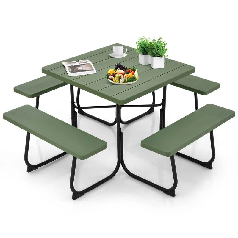 8-Person Outdoor HDPE Square Picnic Table And Bench Set, 67in x 67in x 30in, Metal Frame