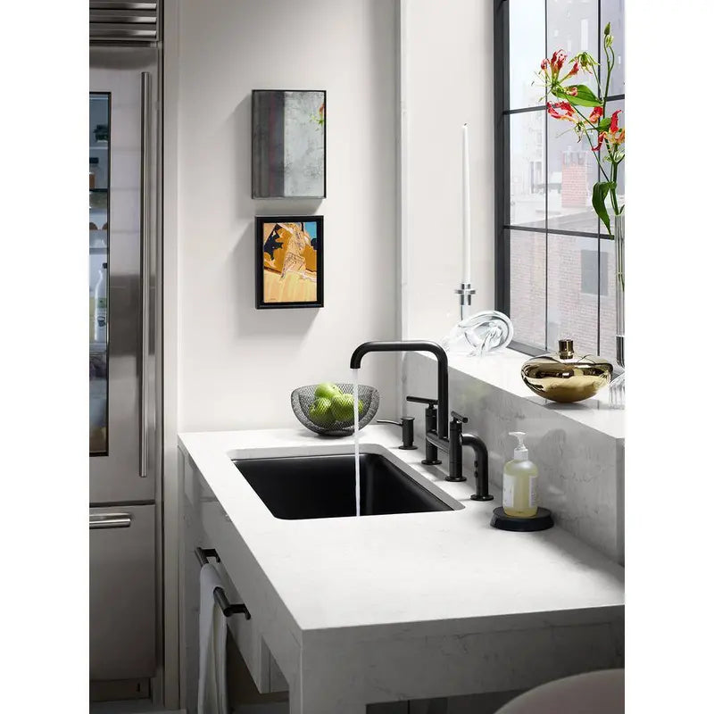 KOHLER Purist 2-Handle Bridge Kitchen Faucet With Side Sprayer, Matte Black - K-7548-4-BL