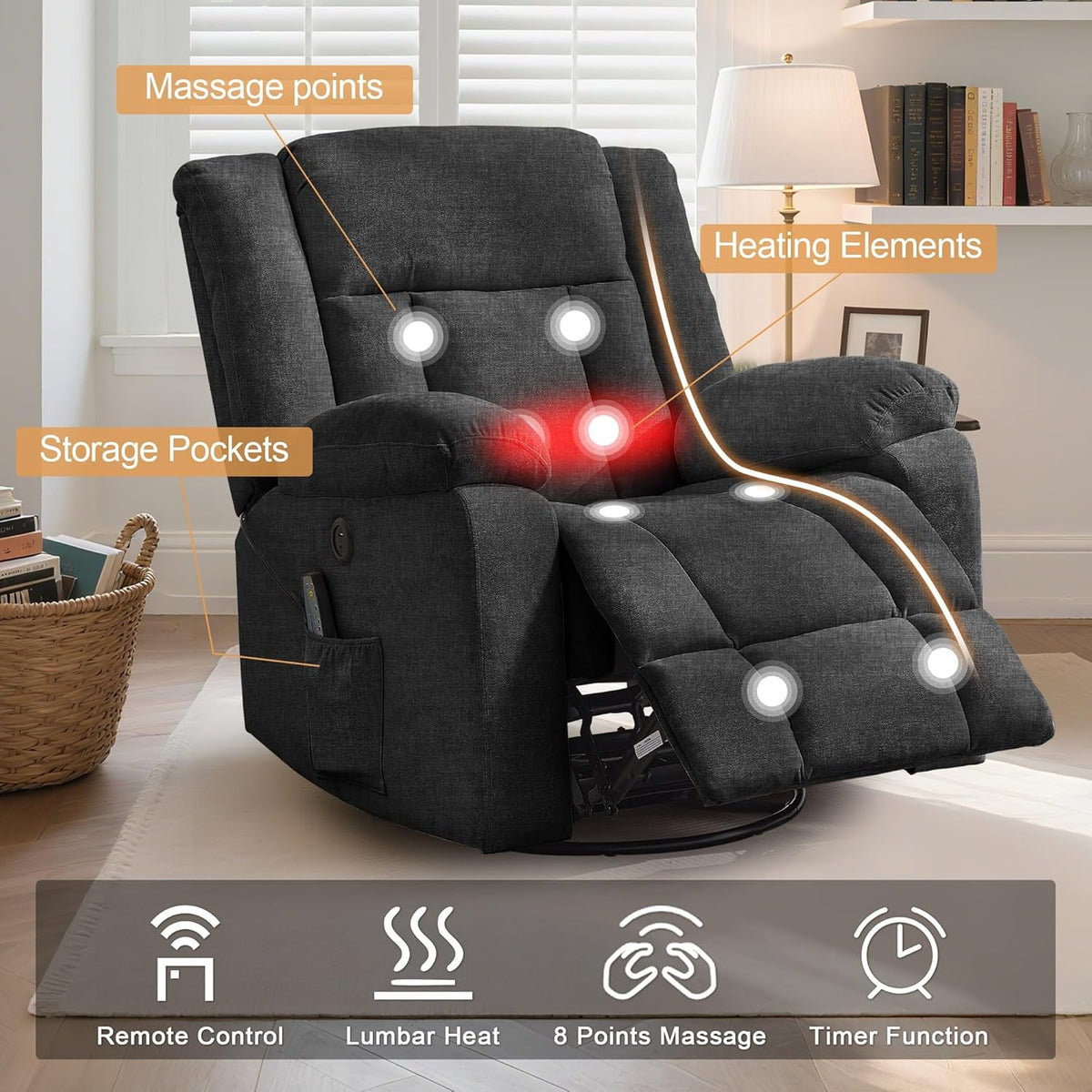 Korser Swivel Rocker Recliner Chair With Massage, Heating, USB Charging And Storage