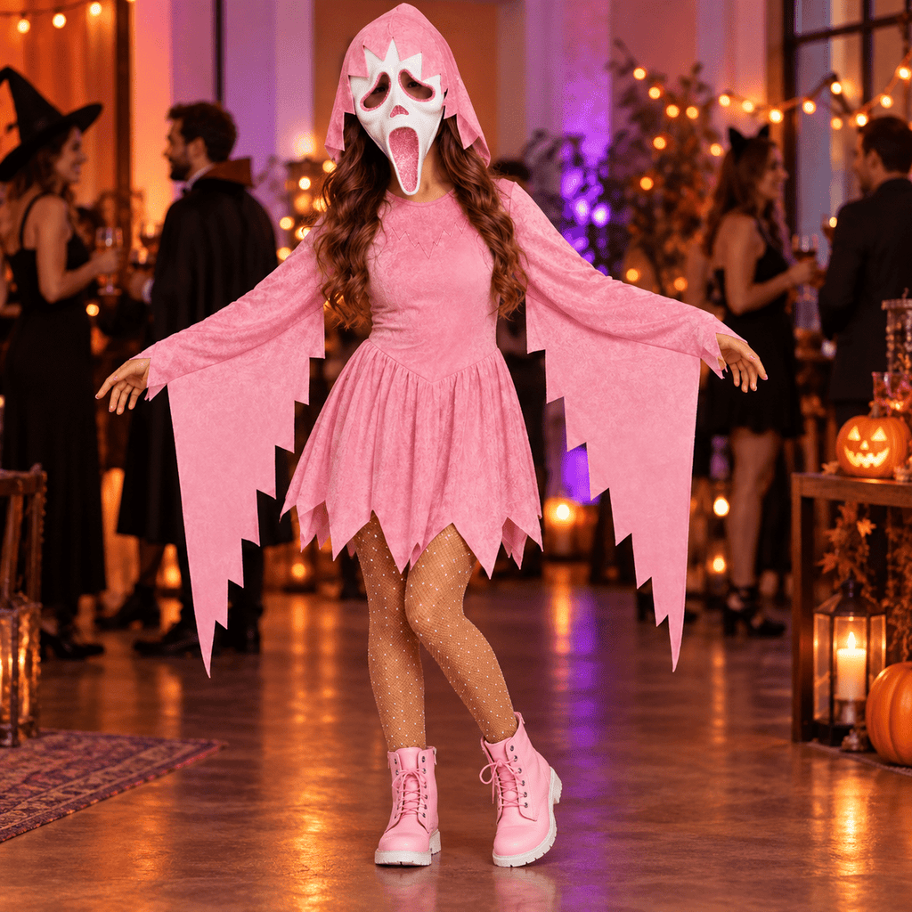 Satmonnus Pink Glitter Ghost Halloween Costume for G'irls, Hooded Ghost Costume Dress with Mask, Spooky Horror Halloween Party Cosplay Outfit for Masquerade and Themed Events