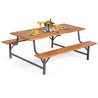 Acacia Wood Picnic Table Bench Set, 71in With 2in Umbrella Hole And Metal Frame