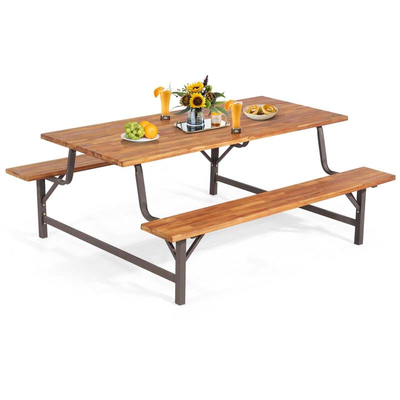 Acacia Wood Picnic Table Bench Set, 71in With 2in Umbrella Hole And Metal Frame