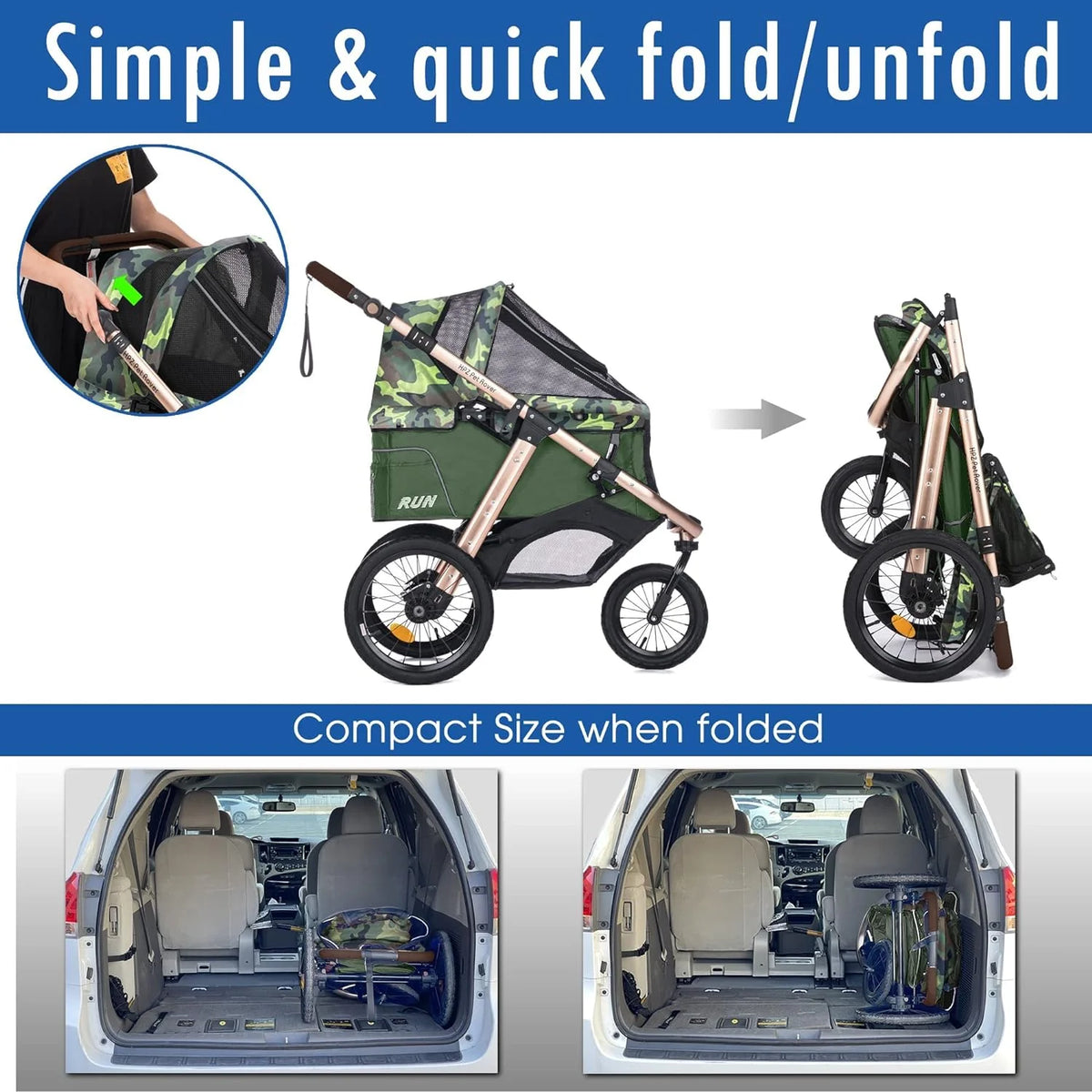 HPZ-PR America Pet Rover Run Jogging Pet Stroller, 50 lbs, Camo Green - B08R9KCWW1