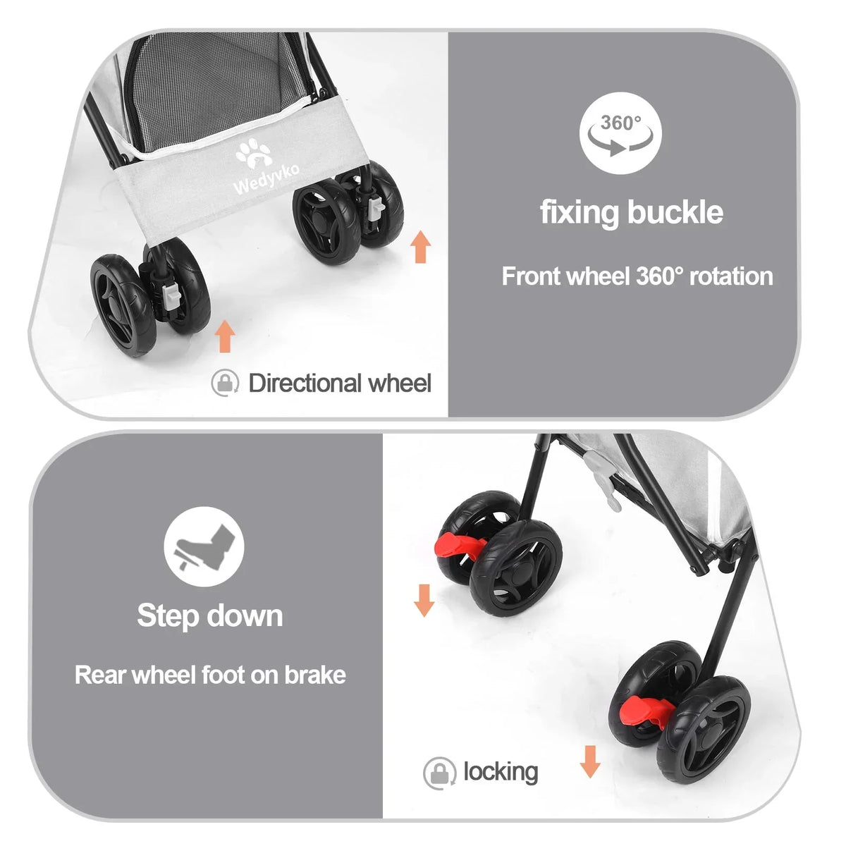 4-Wheel Foldable Cat And Dog Stroller With Storage Basket And 360 Degree Front Wheels - Gray