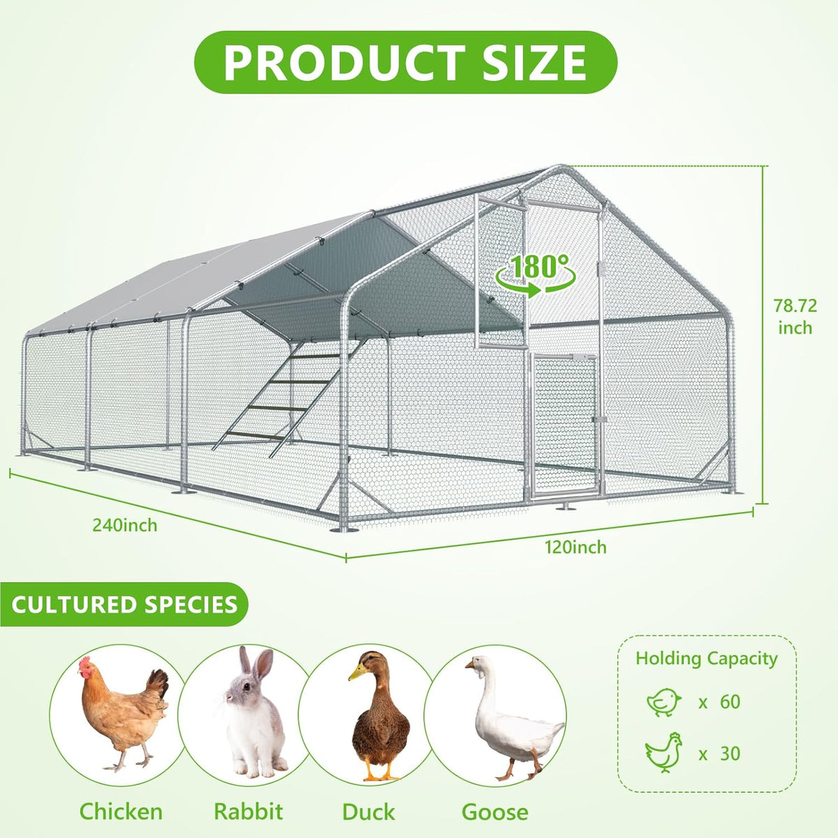 Metal Chicken Run With Feeding Door, Anti-UV Cover And Perch - 6-5x10-ft, 13x10-ft, 20x10-ft Or 26x10-ft