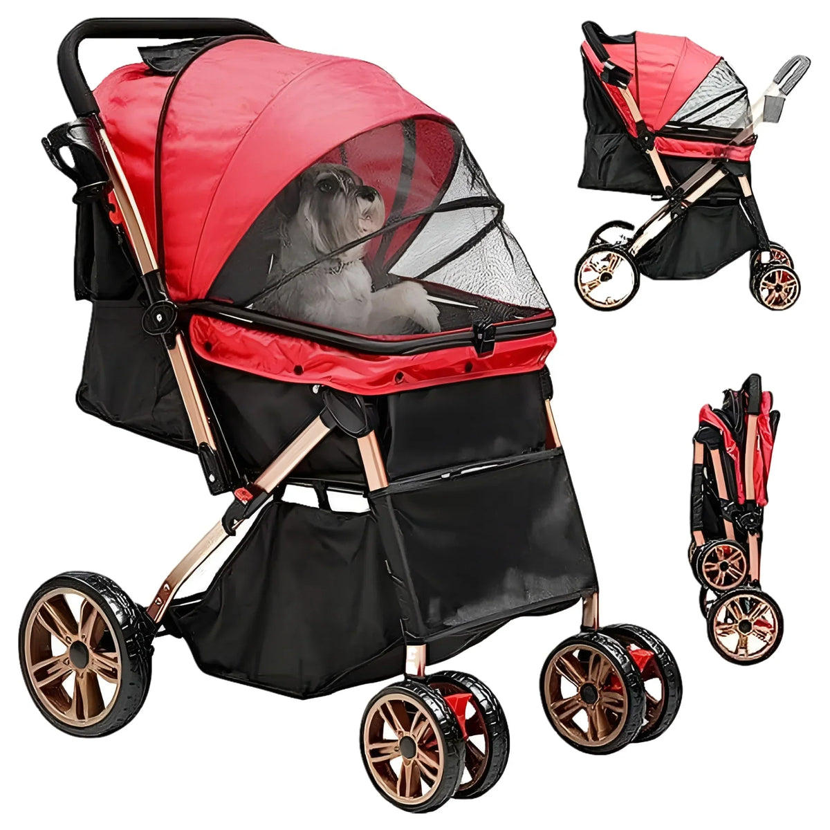 Dextrus 4-Wheel Foldable Pet Stroller With 7-inch Front And 10-inch Rear Wheels, 48.5 lbs Capacity
