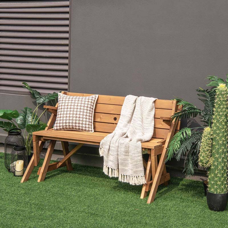 2-in-1 Convertible Fir Wood Picnic Table And Garden Bench, 4-Person, Dark Golden Brown - 56 x 53 x 30 in
