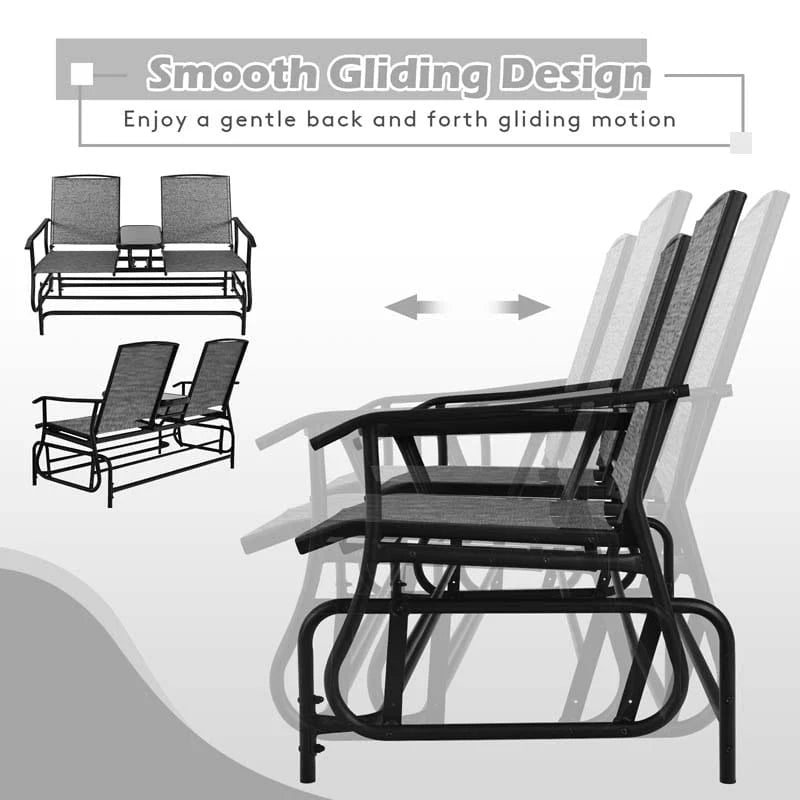 2-Person Outdoor Bench Glider Chair With Center Table, Mesh Fabric, 57 x 28 x 38 in
