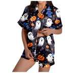 MEZZALL Women Halloween Printed Pajama With Lapel Collar Short Sleeve Tops And Shorts For Home Wear Cozy For Lightweight And Breathable Comfort Relaxed Fit 2 Piece Pjs