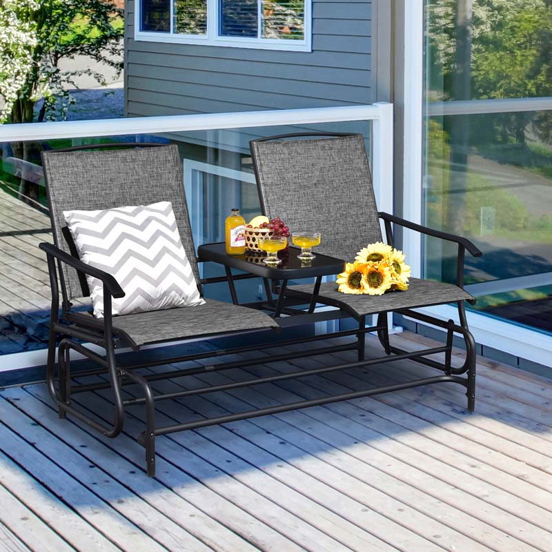 2-Person Outdoor Bench Glider Chair With Center Table, Mesh Fabric, 57 x 28 x 38 in