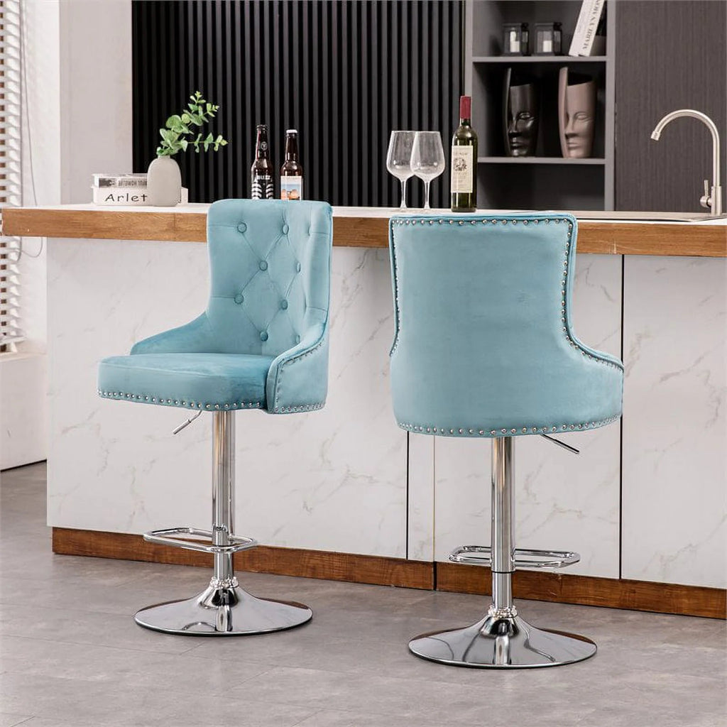 Alexent 2-Piece Swivel Bar Stools, Dark Blue, 43.7-51.6 H, 19.3 W x 18.1 D - Silver Footrest