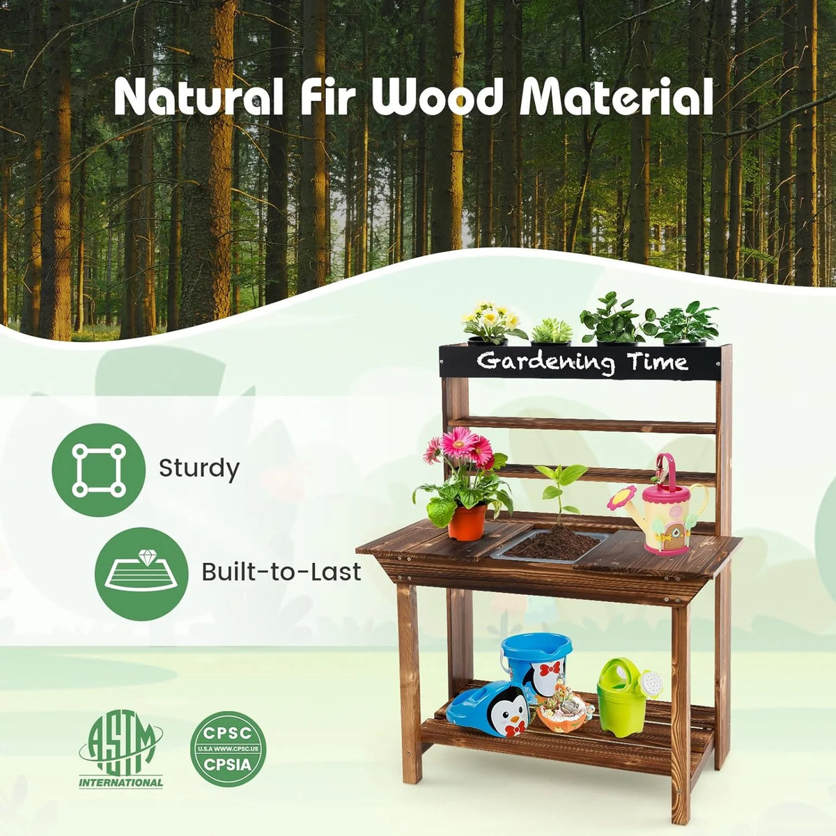 DORTALA Kids Potting Bench Mud Kitchen, Fir Wood, 4 Pots, 28 x 16 x 36 in