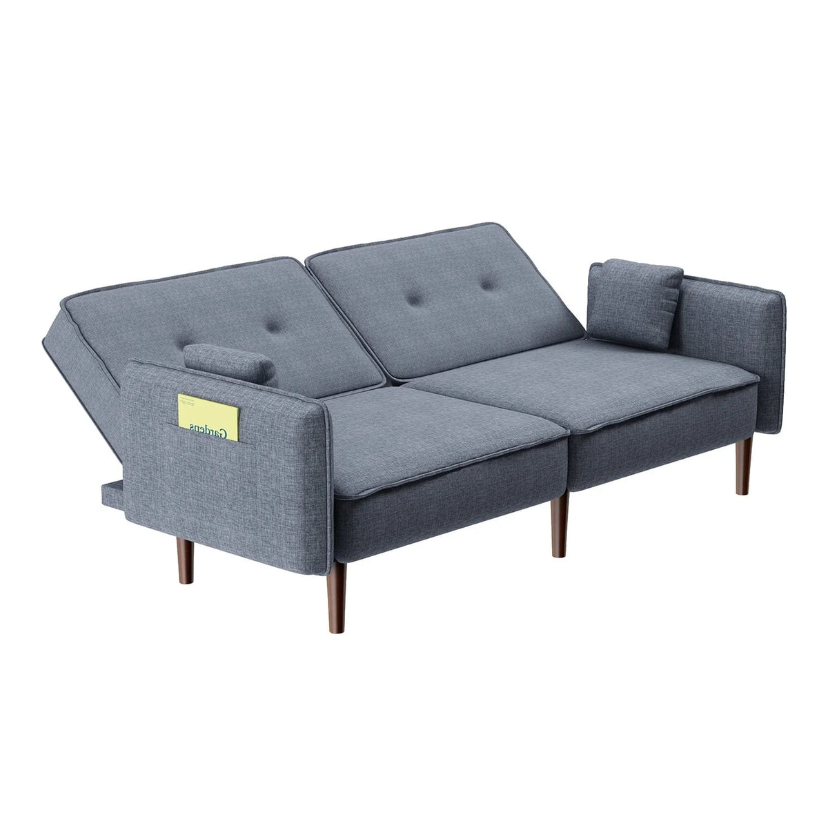 Modern Grey Fabric Futon Sofa Bed With Solid Wood Legs And Accent Pillows