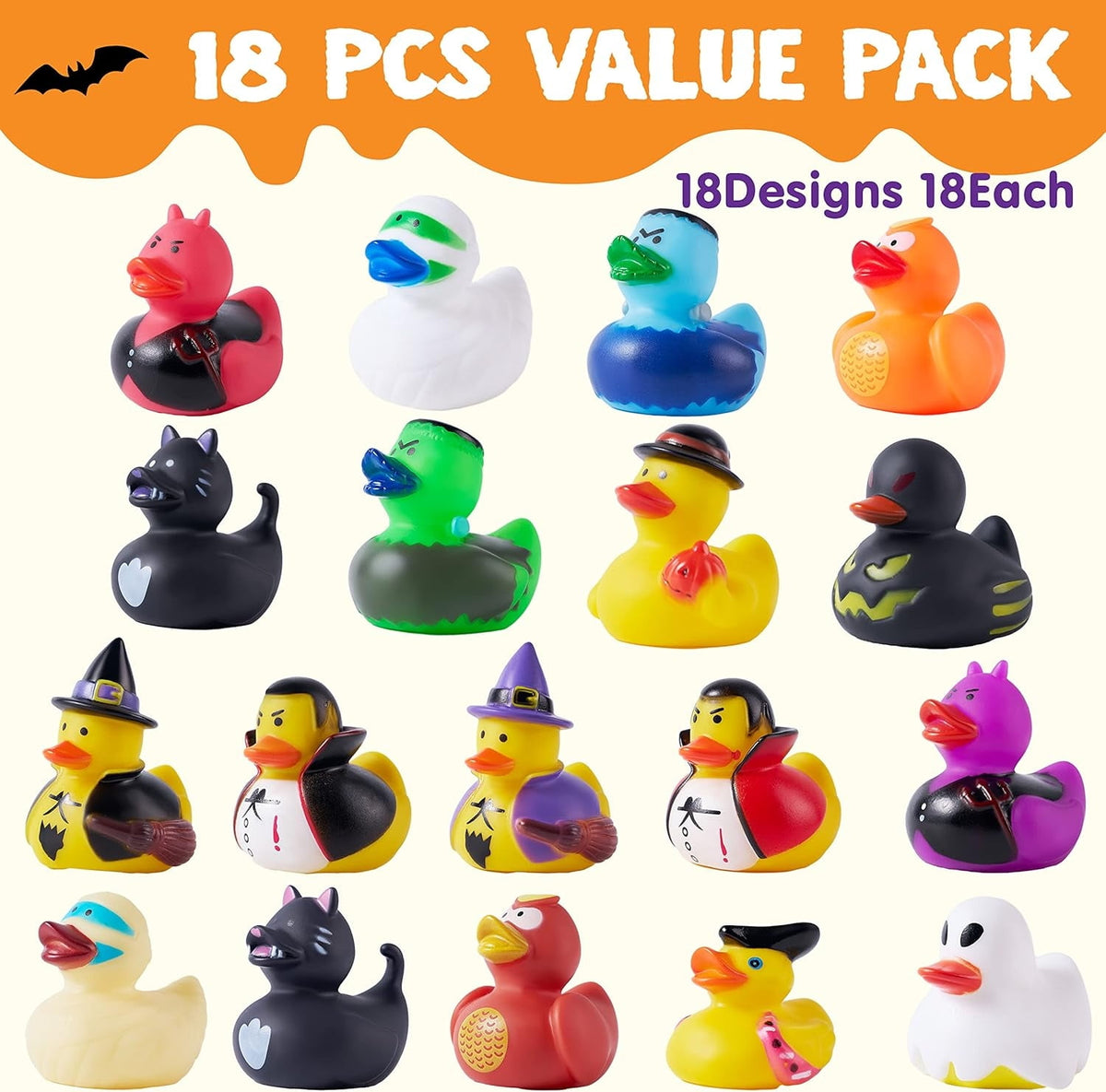 Joyfy 18 PCS Halloween Rubber Ducks for Halloween Goodie Bag Fillers, Trick or Treating Ducky Duck Bulk Toys Party Favors Supplies, Halloween Decorations for Kids Bath Toys