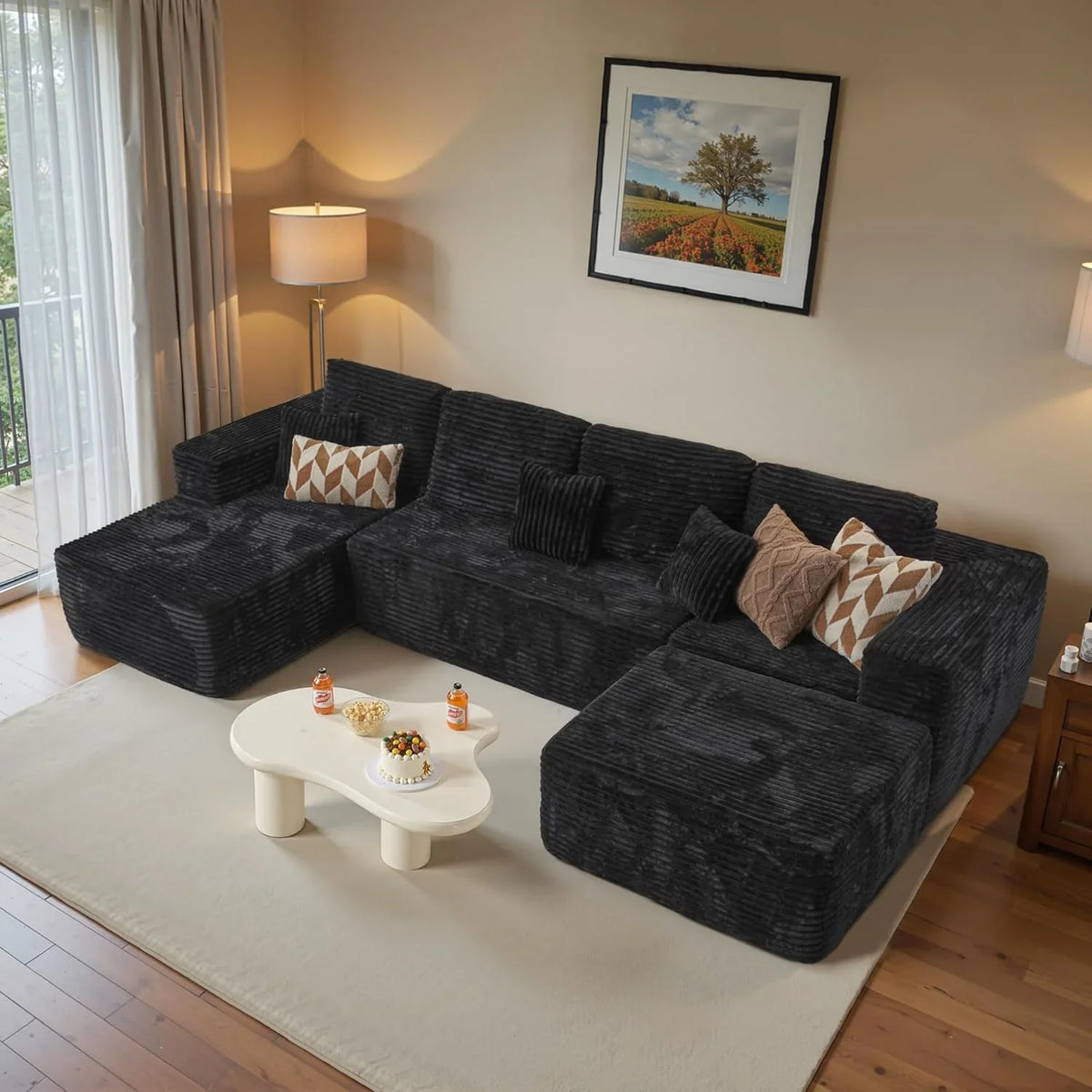 ovios 104in L-Shape Sectional Sofa With Chaise, Grey Plush Corduroy Fabric