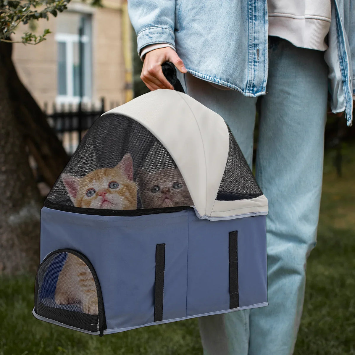 MoNiBloom 4-Wheel Foldable Pet Stroller, 33 lbs, Navy Blue