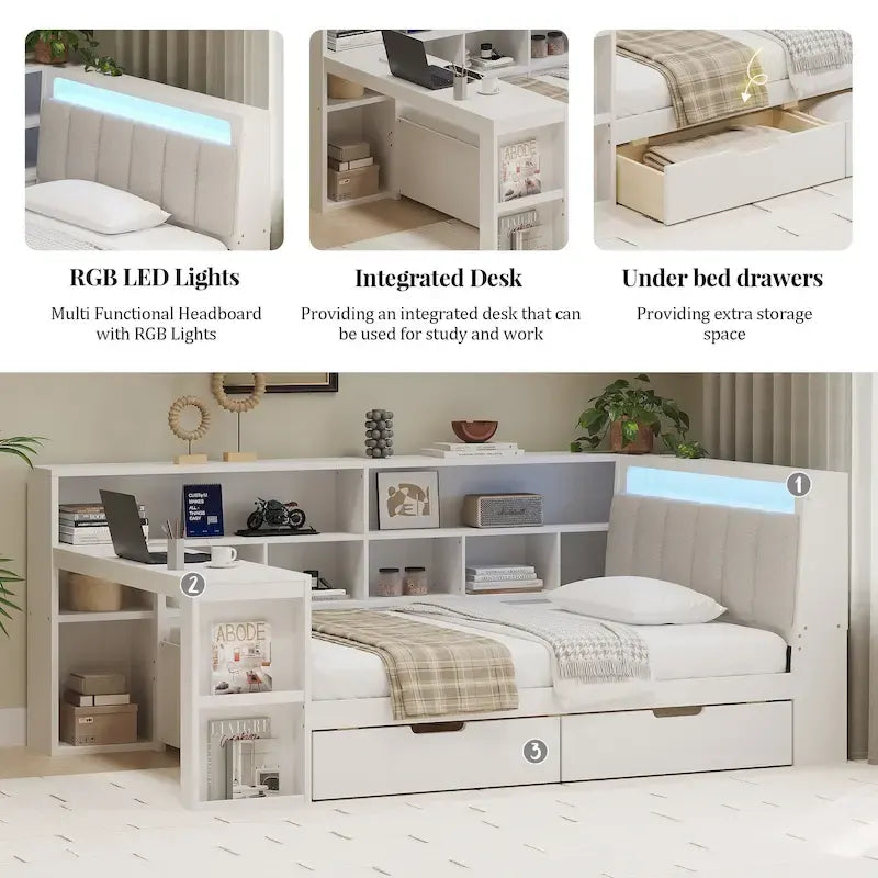 Ivery Furniture L-Shaped Wooden Twin/Full Daybed With Desk, Bookcase, Drawers And RGB Light - Natural/White
