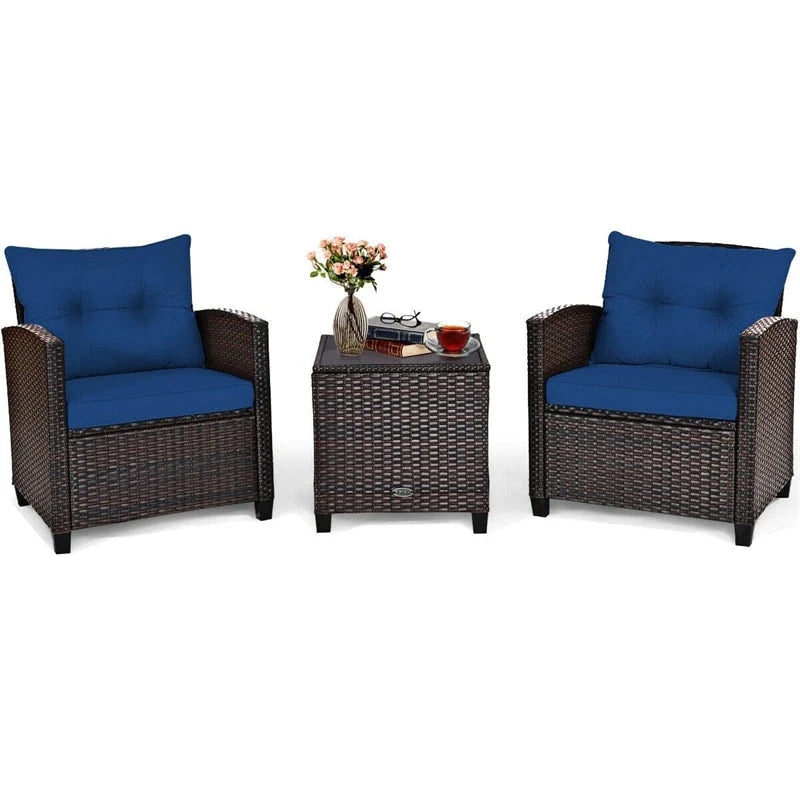 3-Piece Rattan Patio Conversation Set With Cushions And Coffee Table